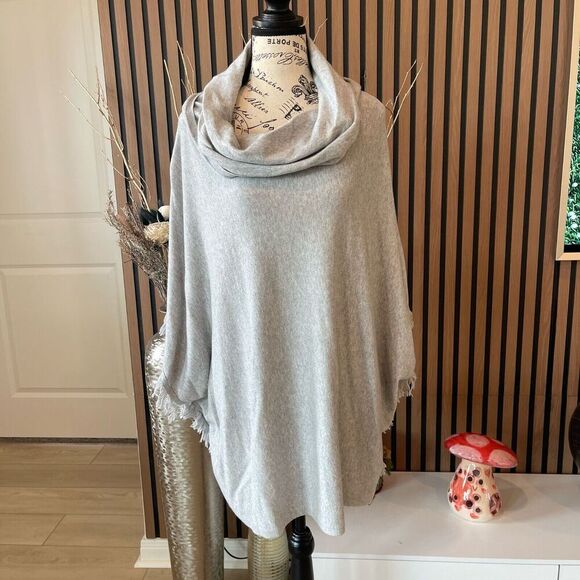 Chico's Sweaters - Chico's Poncho L/XL Heather Grey‎ Fringe Cozy Cowl Neck Oversized